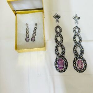 Amethyst Sterling Silver Marcasite Drop Earrings Valentine Birthday Gift Ideas